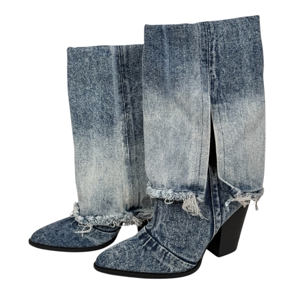 Steve Madden Livvy Distressed Denim Western Fold Over Boots Size 6